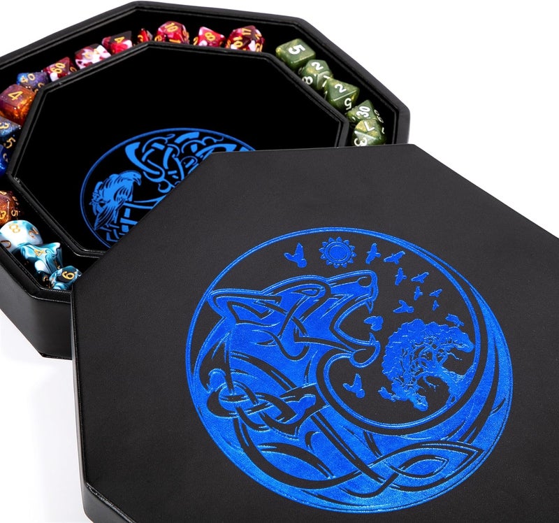 Soar Forge DND Dice Tray - Premium 9 Inch Tray for Dungeons and Dragons: Exquisitely Detailed Dark Blue World Tree & Wolf Raven Design - Perfect Rolling & Box Storage to Protect Your Dice for D&D and RPG - Image 1